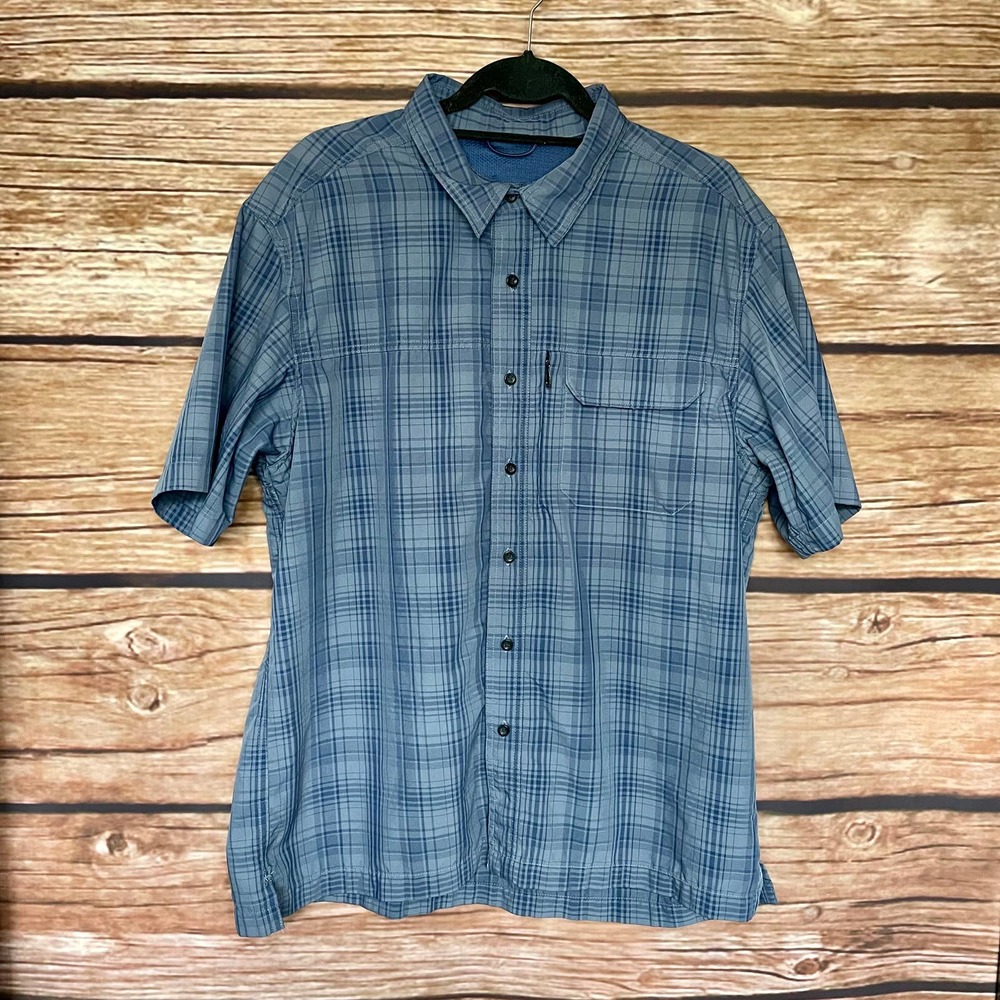 Fishing Button Up Shirt L Eddie Bauer Blue Plaid Short Sleeve Vented Hiking Camp